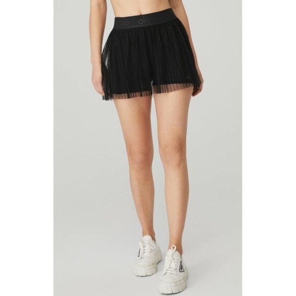 Alo Mesh Flirty Tennis Skirt Black Sheer Transparent See-Through A-Line Skort - Picture 6 of 14